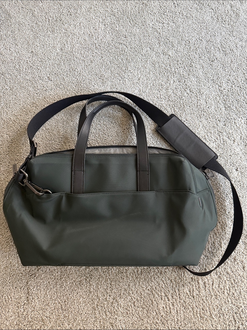 Away Olive Green Duffel Bag with Black Handles and Strap
